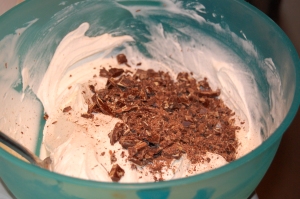 Folding the chopped chocolate into the ice cream.